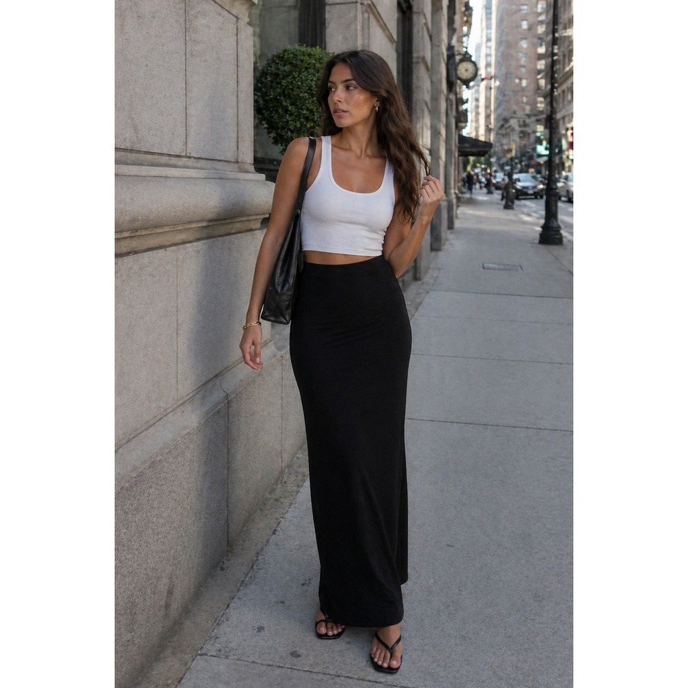 90's Newport Black Maxi Skirt Womens M High Waisted Stretch USA Made Y2K
